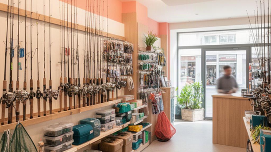 Heller Angelshop an der Rue Vauban in Basel mit Ruten, Rollen und Zubehör an den Wänden